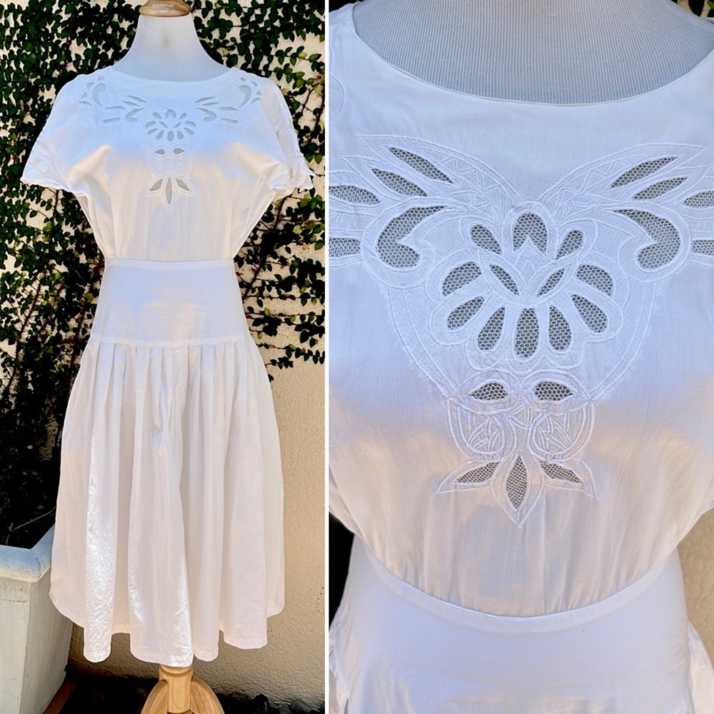 Vintage Ratio White Cotton lace embroidery full skirt dress